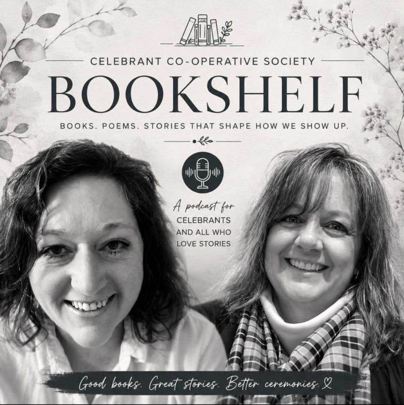 The Bookshelf cover artwork — books, poems, stories that shape how we show up. A podcast for celebrants and all who love stories.