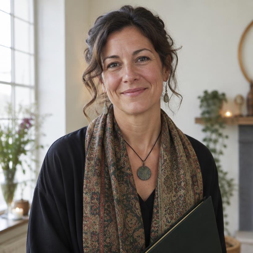 Margaret Ellery, member celebrant, holding her ceremony folder