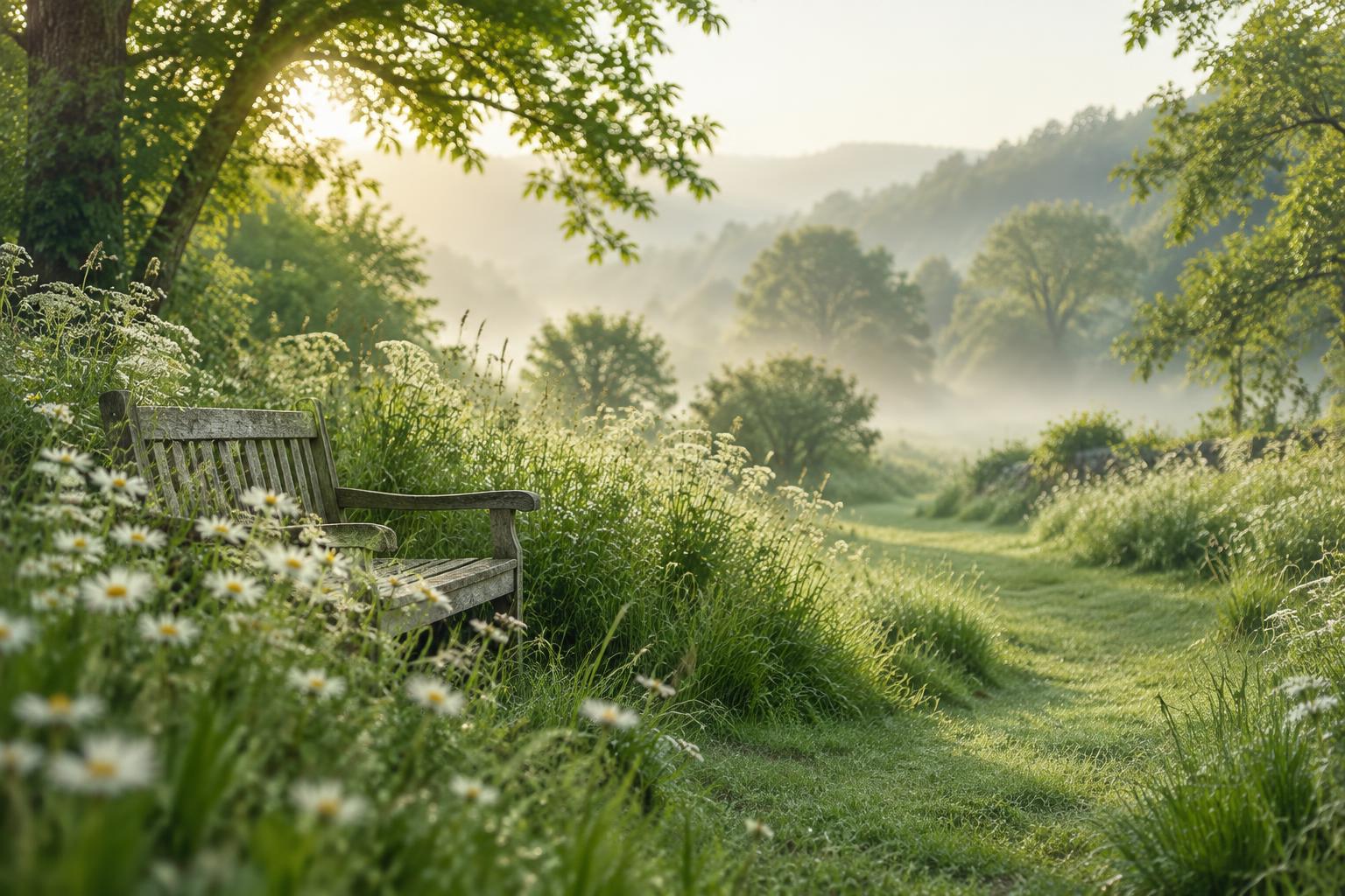 A tranquil wildflower meadow with a weathered wooden bench in soft morning light